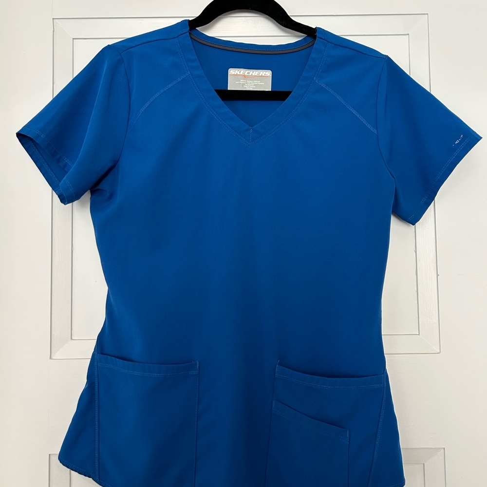 Skechers by Barco S Blue V-Neck Stretch Scrub Top